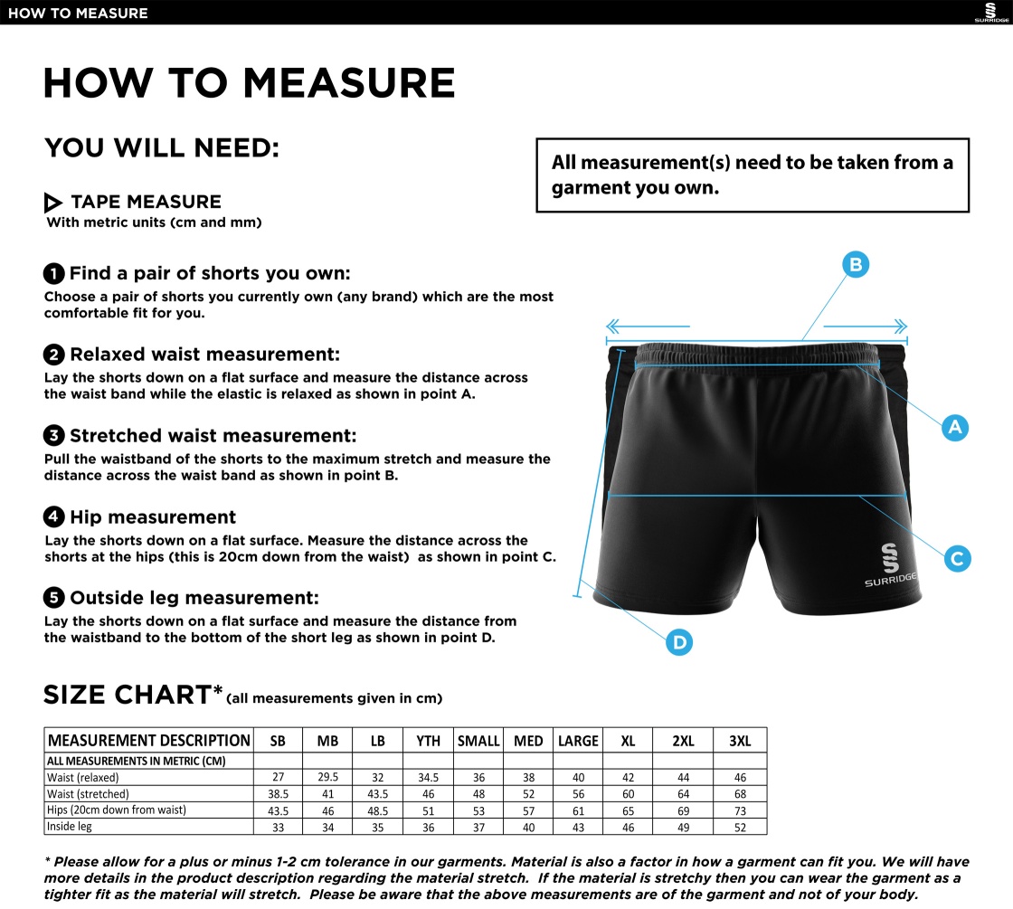 Didsbury Cricket Club - Performance Gym Short - Unisex Fit - Size Guide