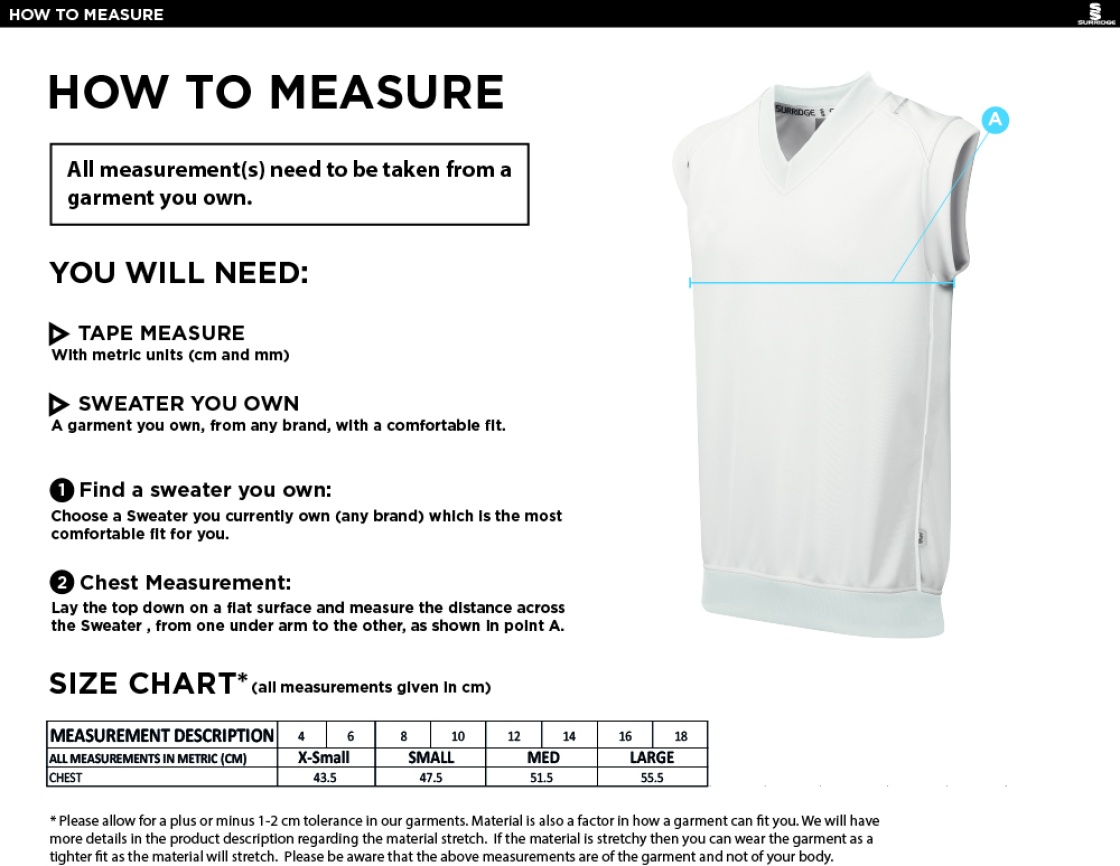 Didsbury CC Blast Sleeveless Women's Cricket Sweater - Size Guide