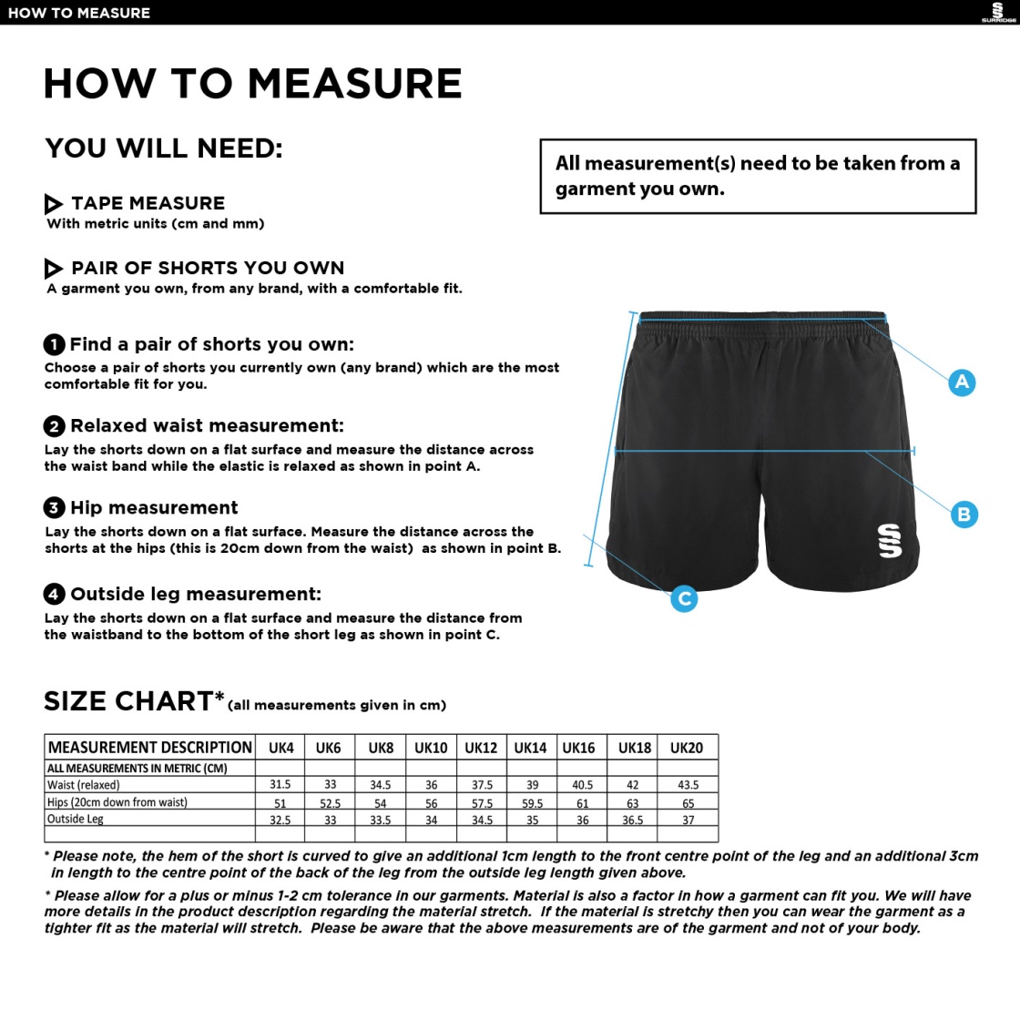 Didsbury Cricket Club - Performance Gym Short - Women's Fit - Size Guide