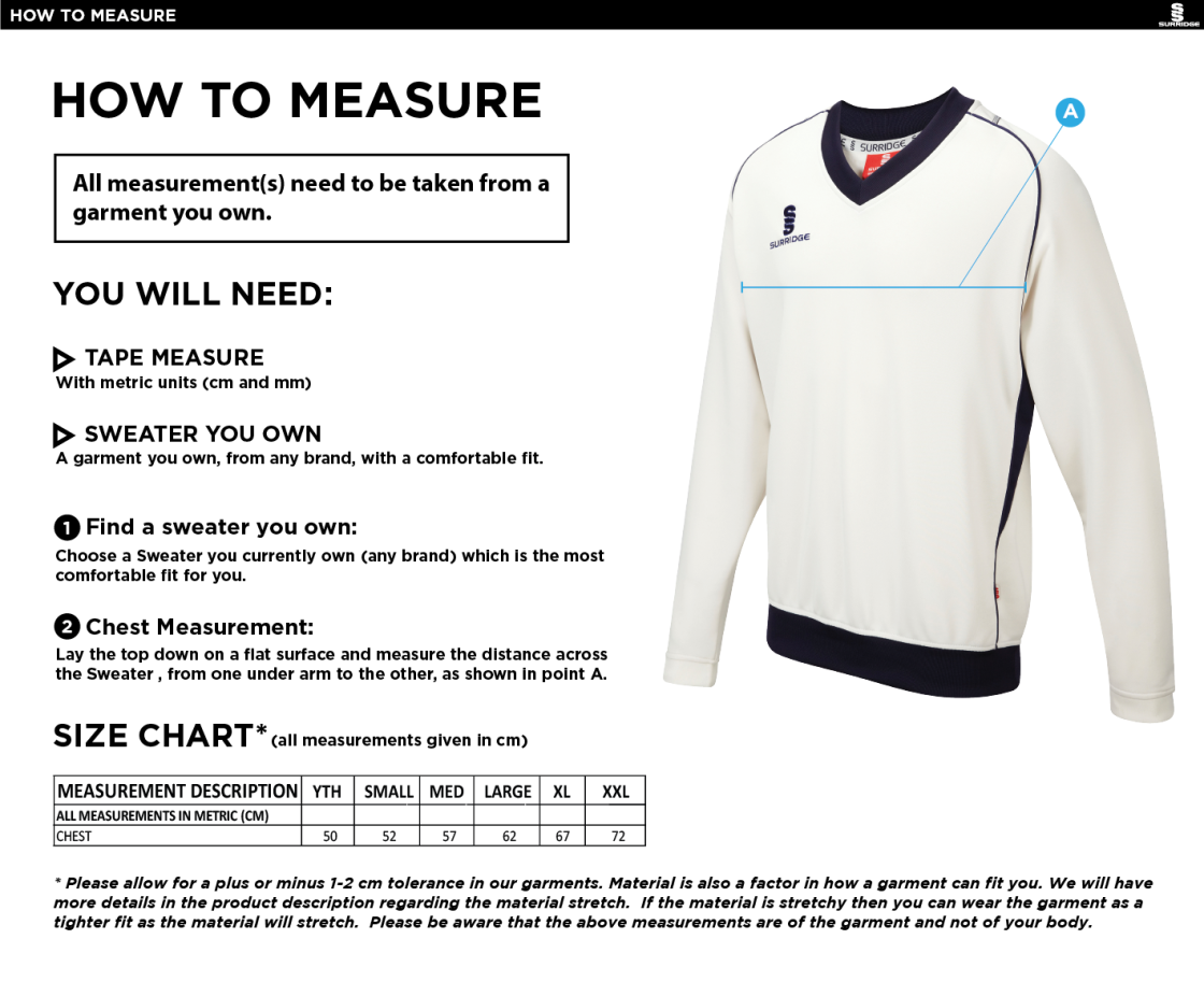 Didsbury Cricket Club - Long Sleeved Sweater - Size Guide