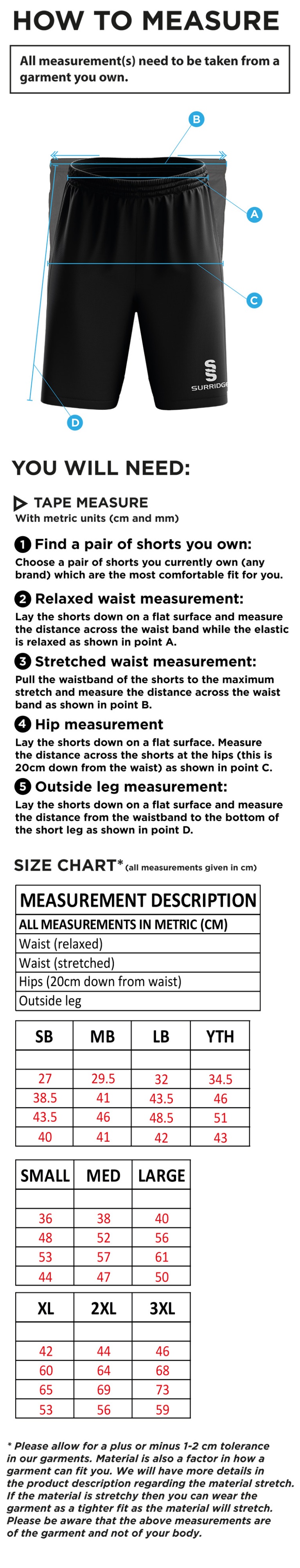 Didsbury Cricket Club - Shorts - Size Guide