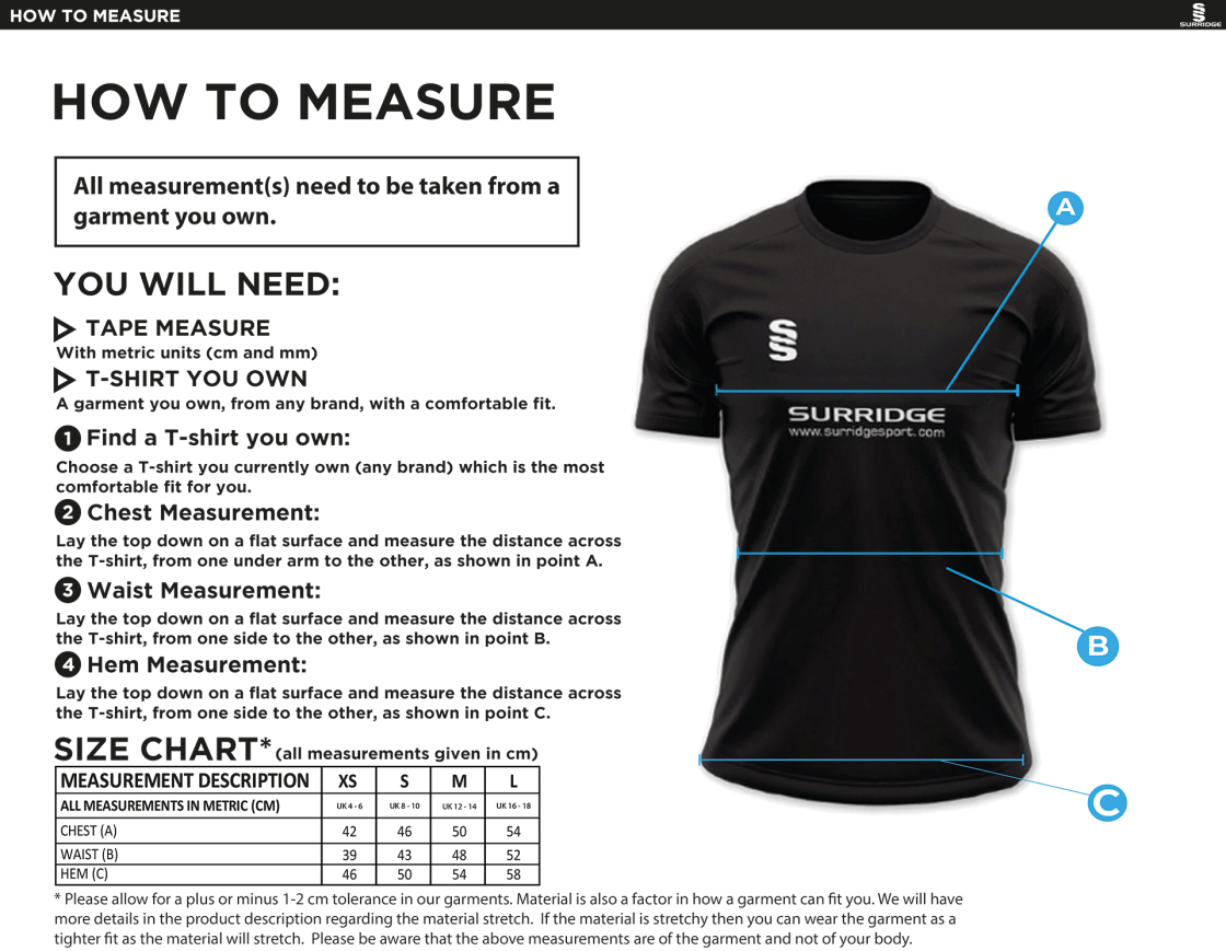 Didsbury Cricket Club - Dual Games Shirt - Women's Fit - Size Guide