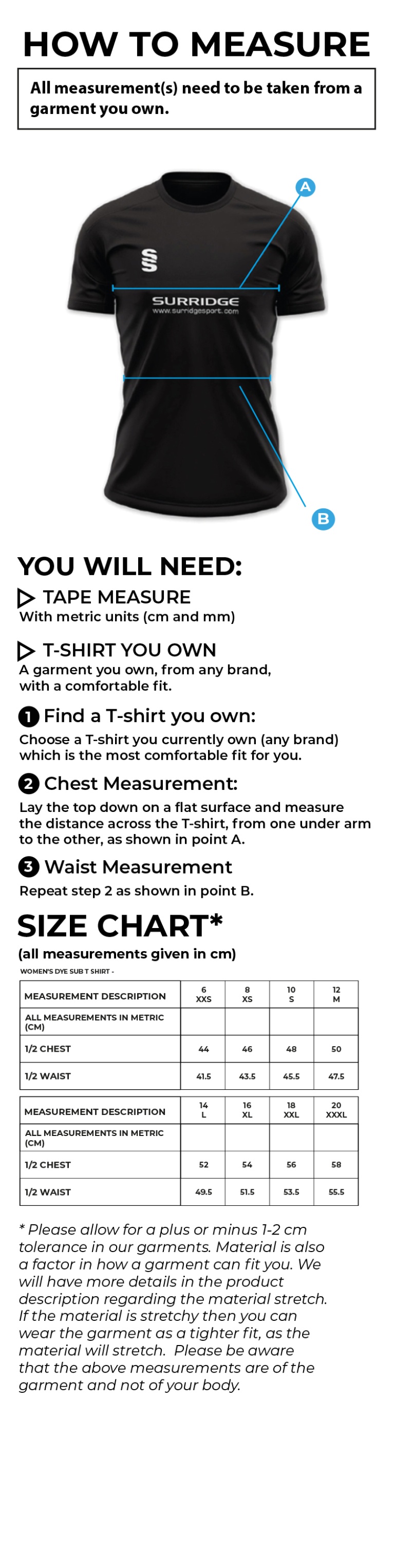 Didsbury Cricket Club - T20 Short Sleeve Playing Shirt - Women's Fit - Size Guide