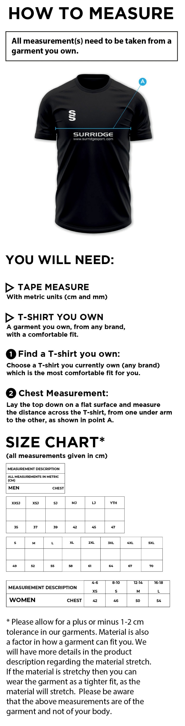 Didsbury Cricket Club - T20 Long Sleeve Playing Shirt - Unisex Fit - Size Guide