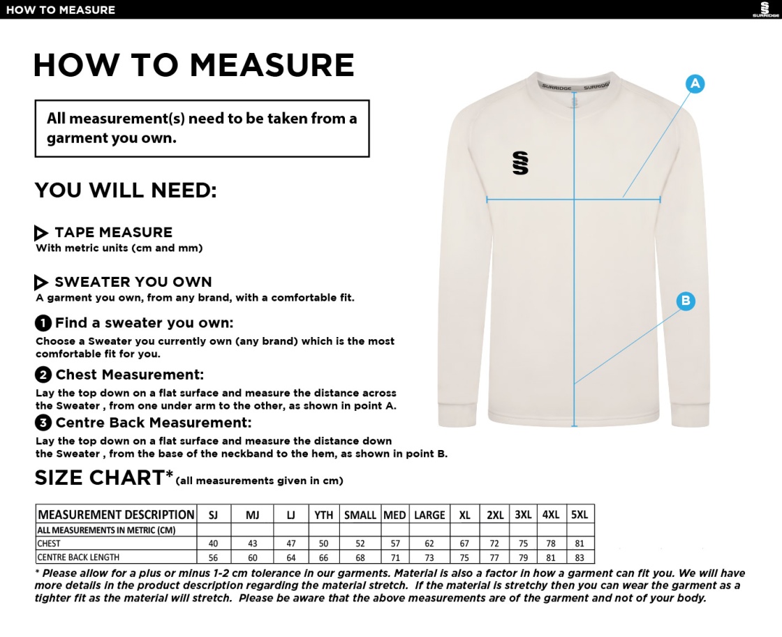 Didsbury Cricket Club - T20 Long Sleeve Playing Sweater - Unisex Fit - Size Guide