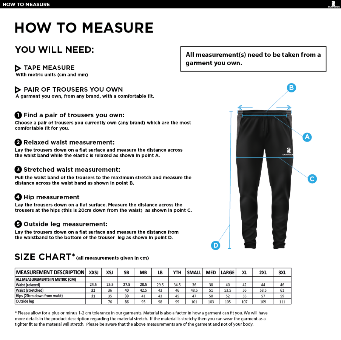 Didsbury Cricket Club - Tek Pants - Size Guide