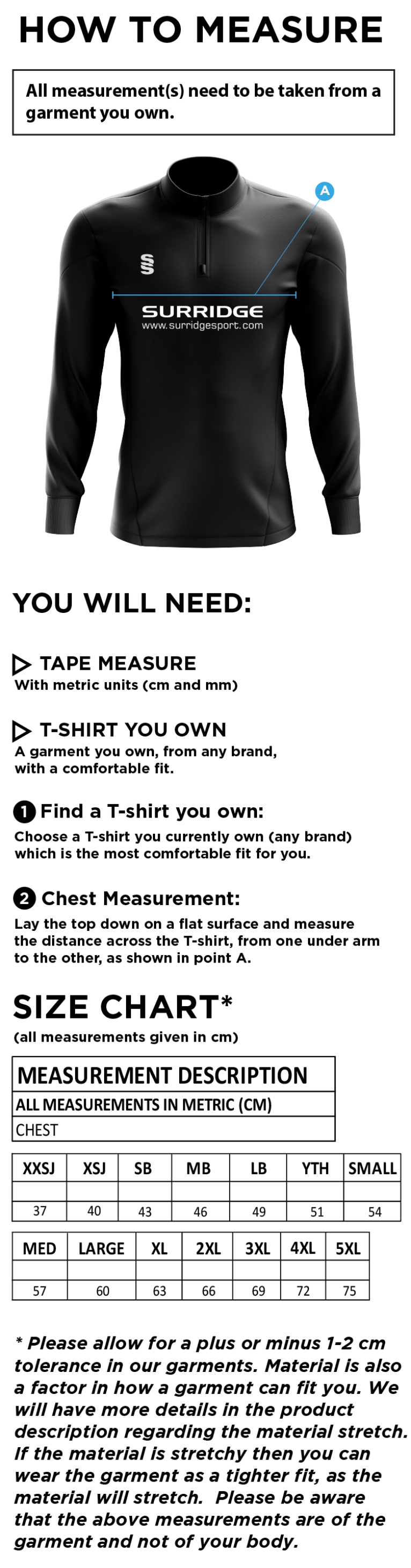 Didsbury Cricket Club - Performance Top - Size Guide