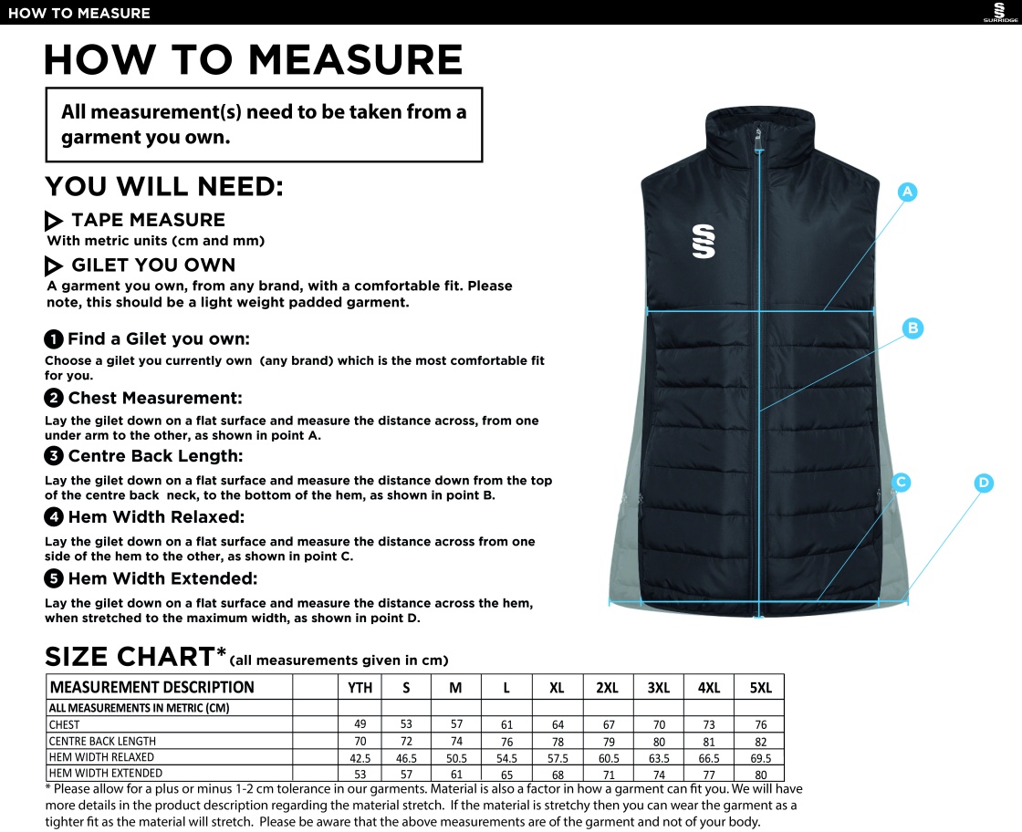 Didsbury Cricket Club - Active Gilet - Unisex Fit - Size Guide