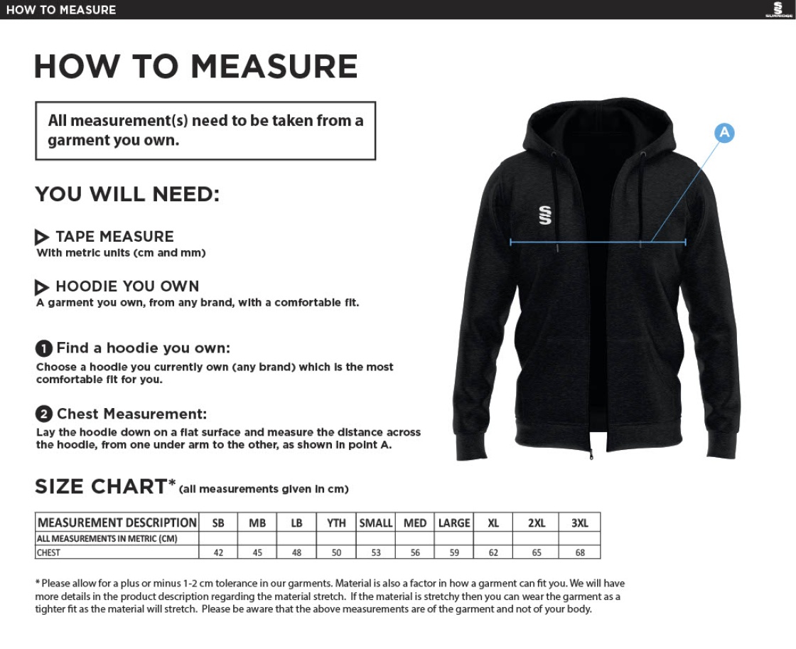 Didsbury Cricket Club - Full Zip Hoody - Unisex Fit - Size Guide