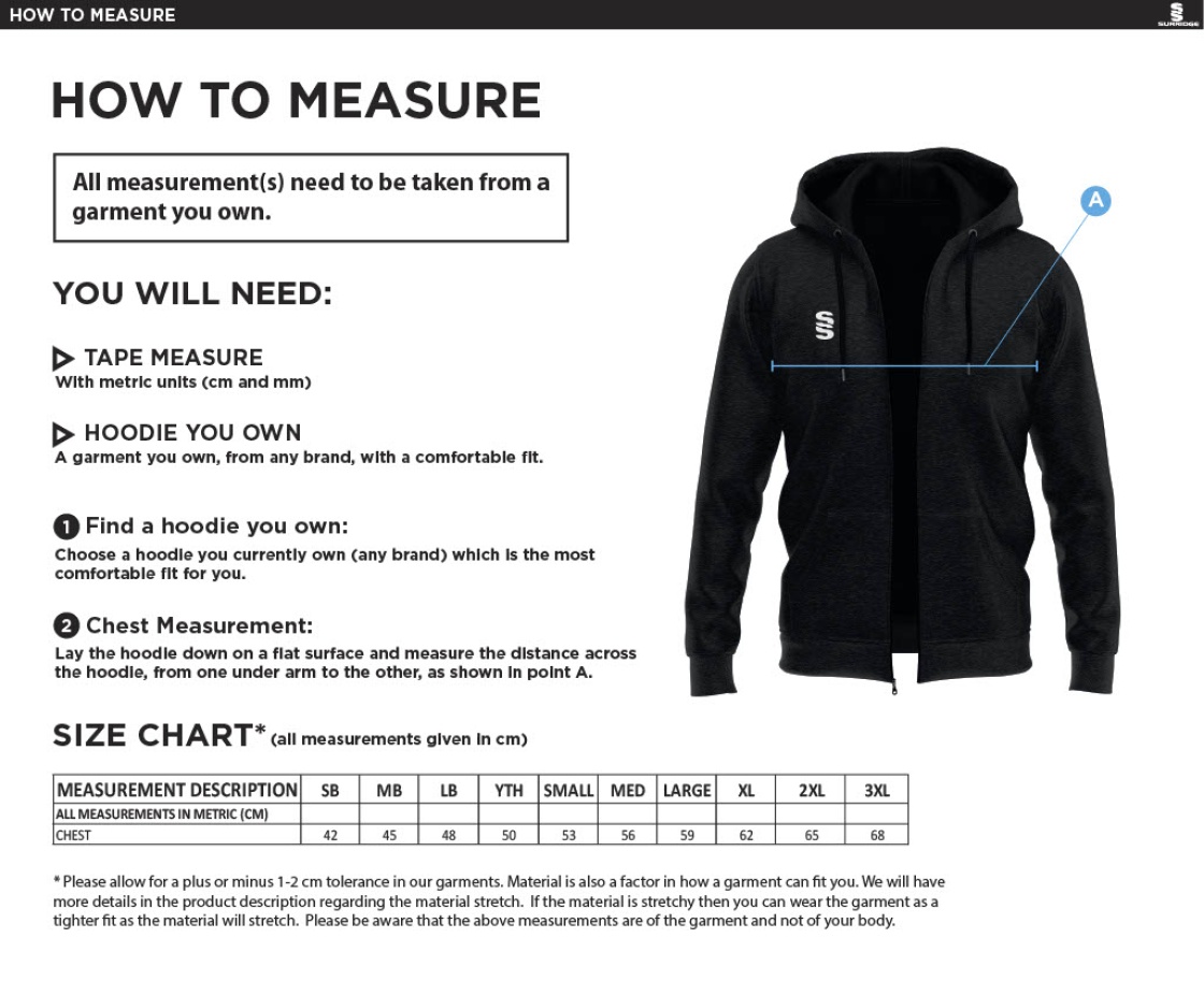 Didsbury Cricket Club - Full Zip Hoody - Size Guide