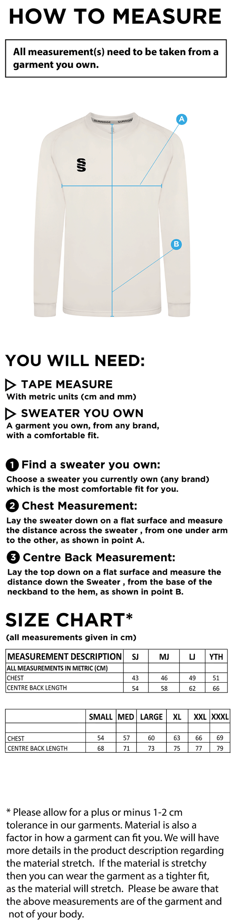 Didsbury CC Blast Long Sleeve Cricket Sweater - Size Guide