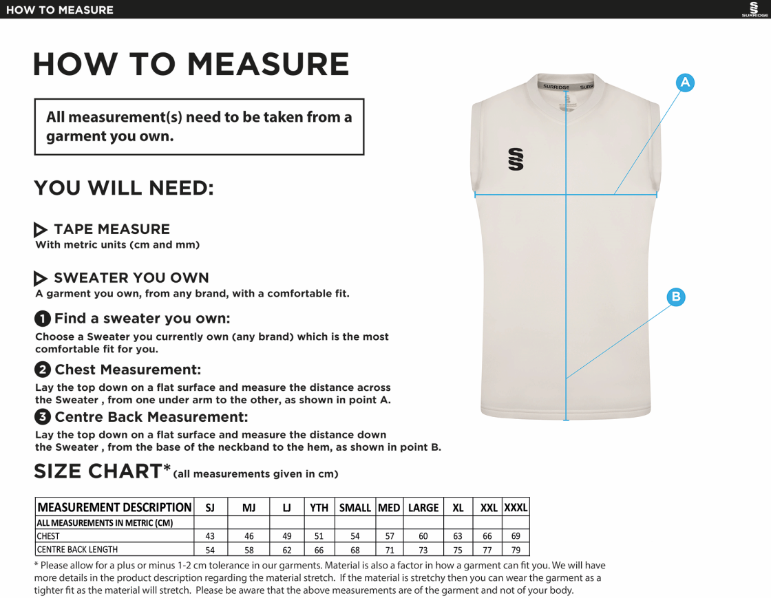 Didsbury CC Blast Sleeveless Cricket Sweater - Size Guide