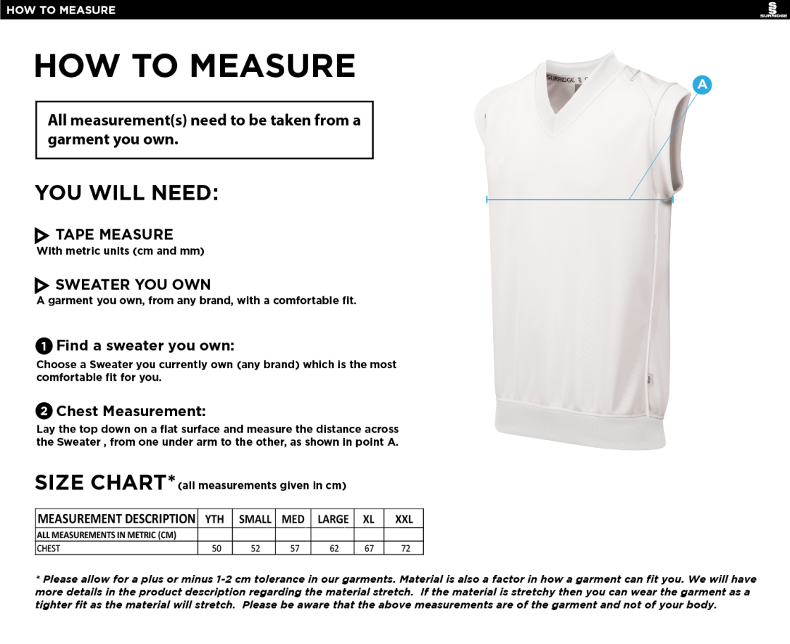 Didsbury Cricket Club - Sleeveless Sweater - Size Guide