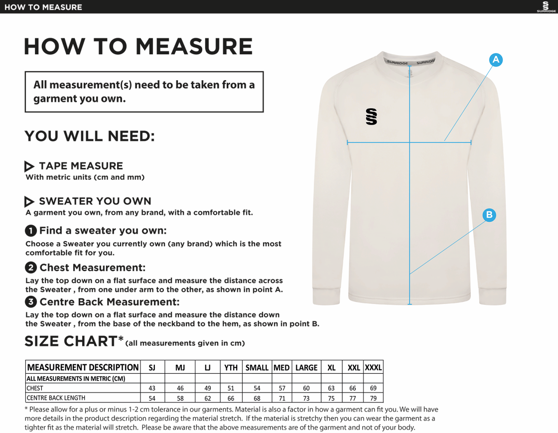 Didsbury CC Blast Long Sleeve Cricket Sweater - Size Guide