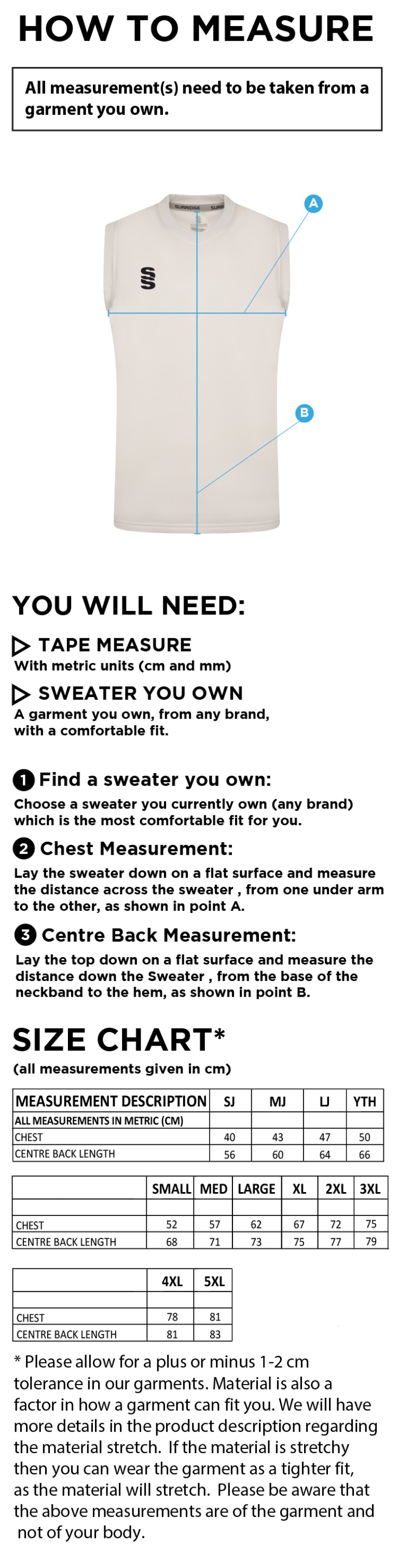 Didsbury Cricket Club - T20 Sleeveless Playing Sweater - Unisex Fit - Size Guide