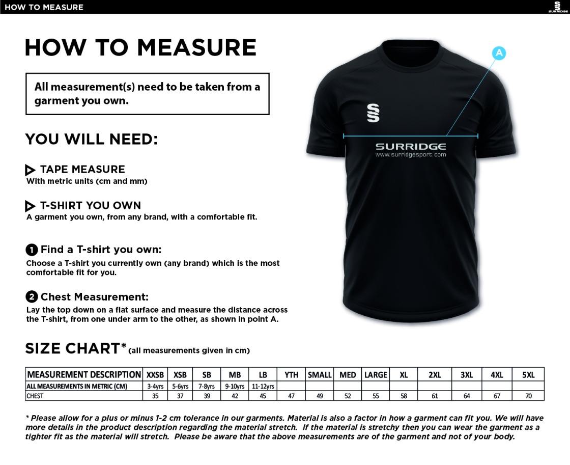 Didsbury Cricket Club - Seniors Games Shirt - Size Guide