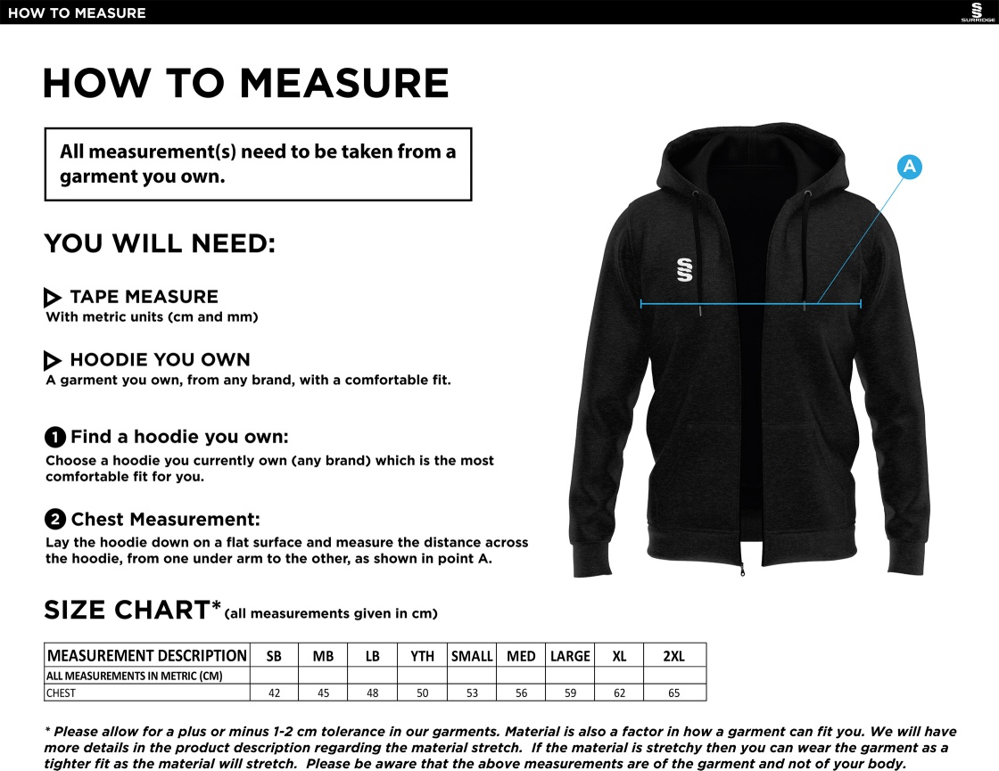 Didsbury Cricket Club - Hoody - Size Guide