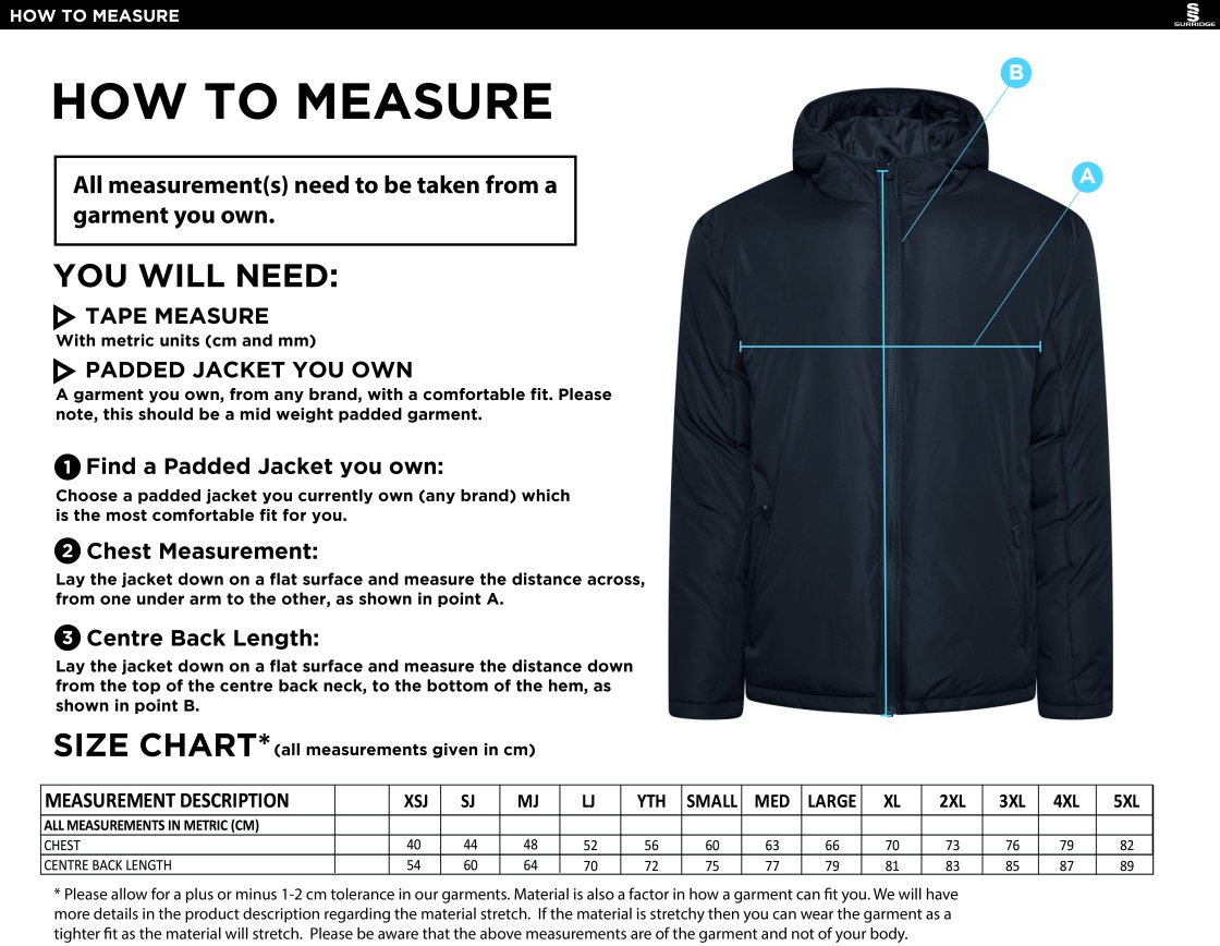 Didsbury Cricket Club - Active Padded Jacket - Unisex Fit - Size Guide
