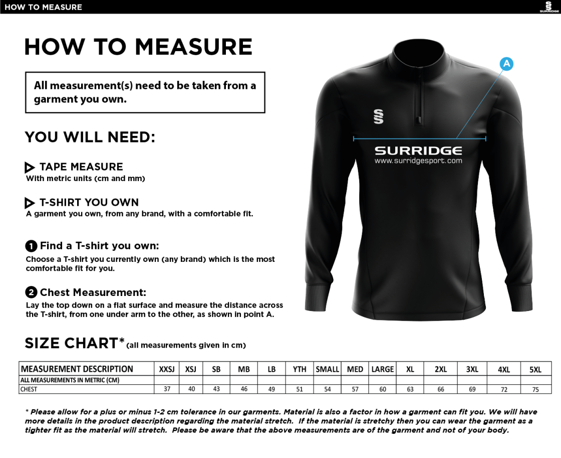 Didsbury Cricket Club - 1/4 Zip Performance Top - Unisex Fit - Size Guide