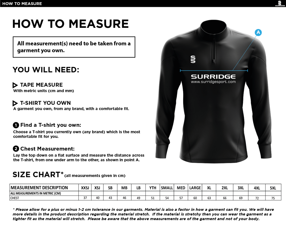 Didsbury Cricket Club - 1/4 Zip Performance Top - Size Guide