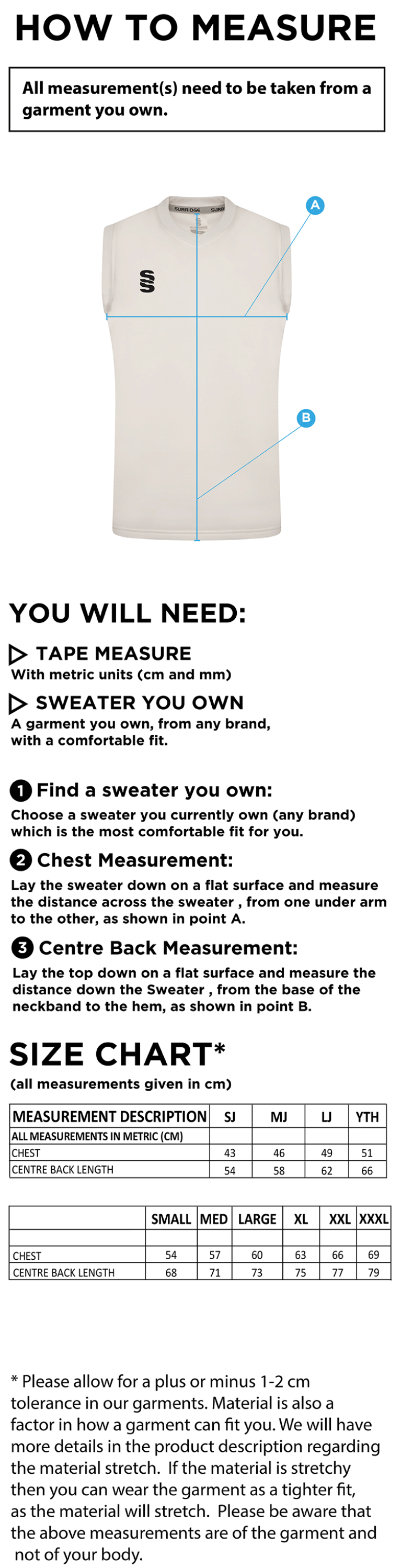 Didsbury CC Blast Sleeveless Cricket Sweater - Size Guide