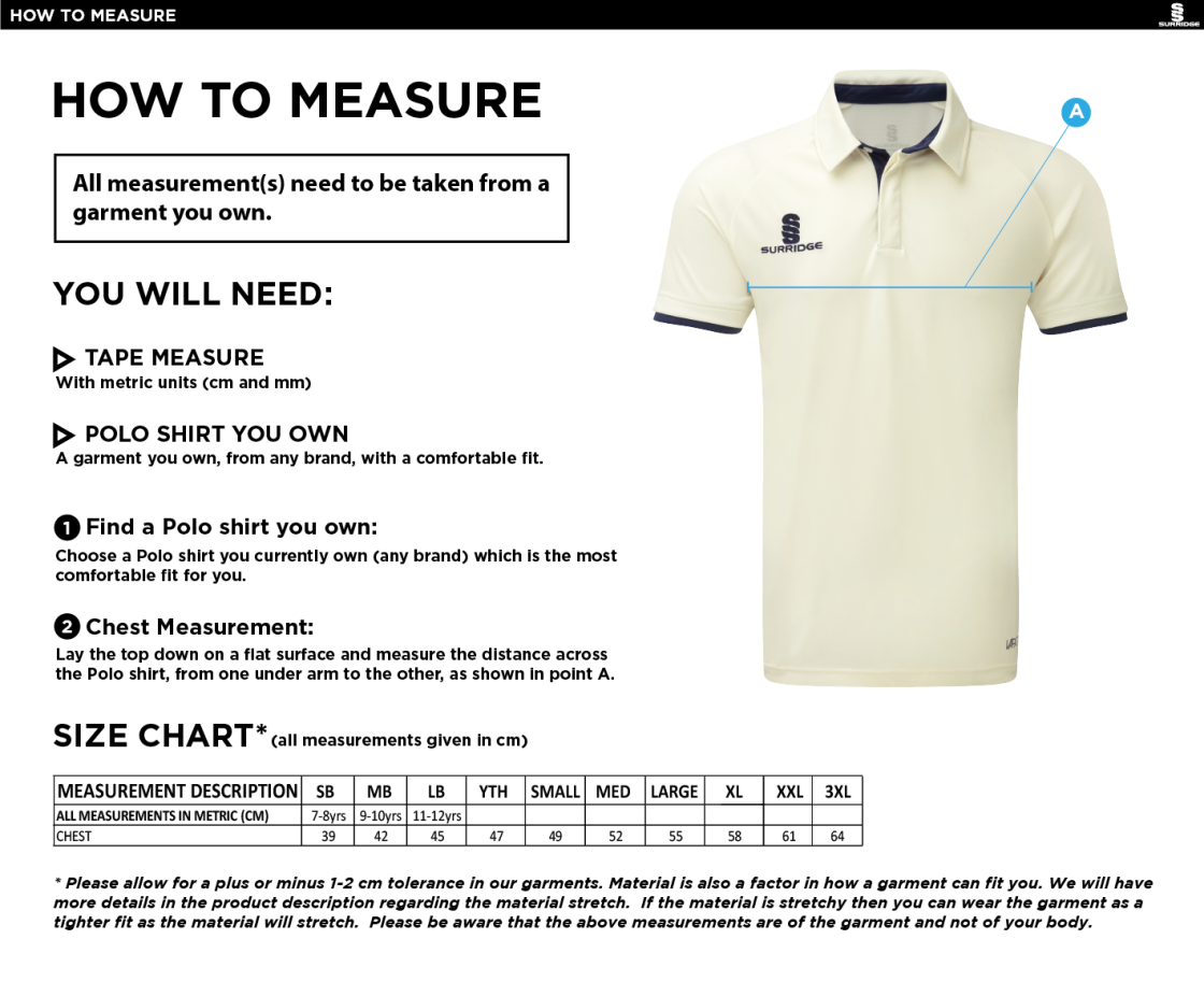 Didsbury Cricket Club - Seniors Short Sleeve Shirt - Size Guide