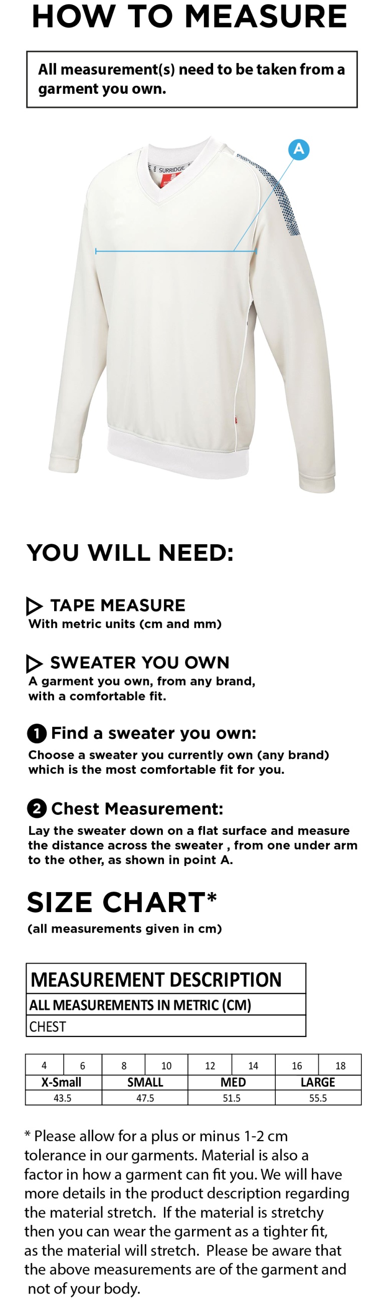 Didsbury CC Blast Long Sleeve Women's Cricket Sweater - Size Guide