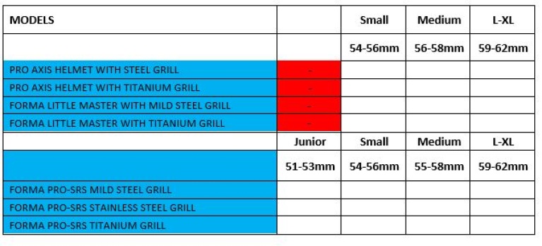 Didsbury Cricket Club - Pro Axis Cricket Helmet - Steel Grill - Size Guide