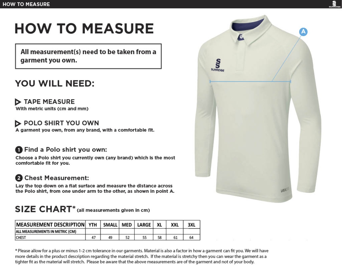 Didsbury Cricket Club - Seniors Long Sleeve Shirt - Size Guide