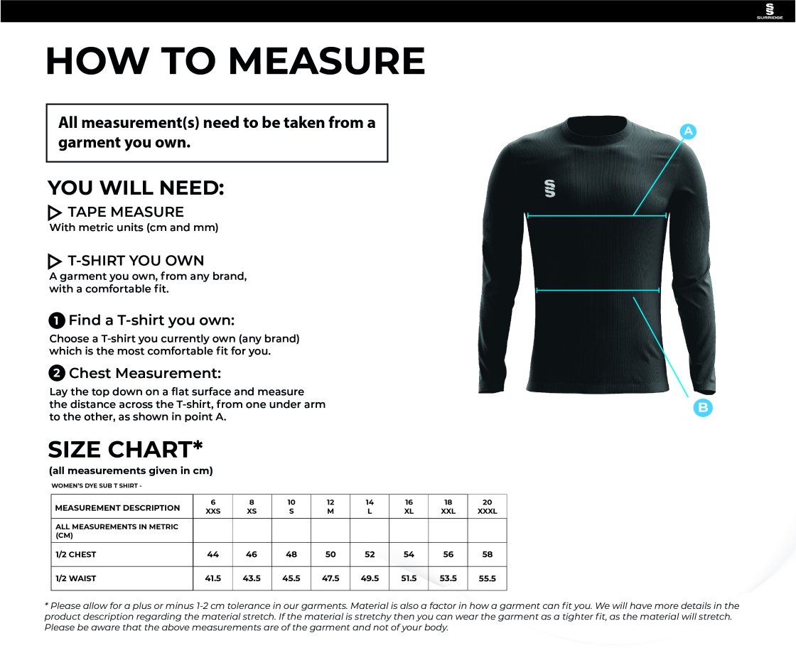 Didsbury CC - Women's T20 Long Sleeve Playing Shirt - Size Guide