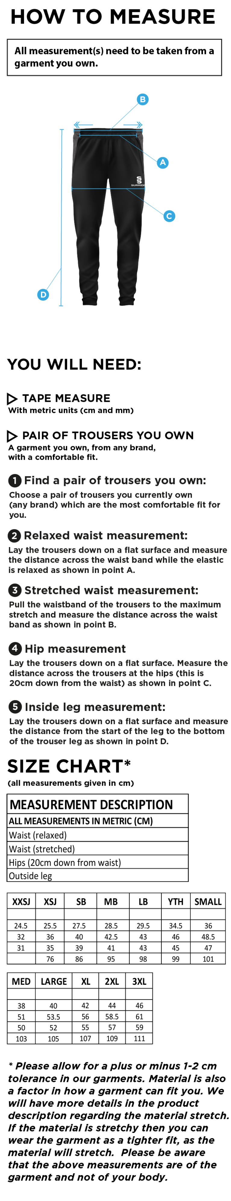 Didsbury Cricket Club - Tek Pants - Size Guide