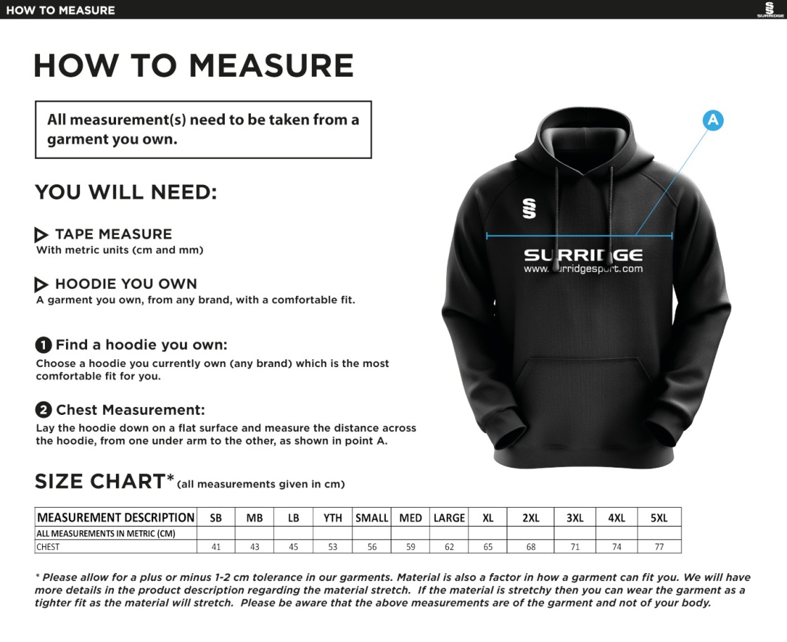 Didsbury CC - Women's Blade Hoody - Size Guide