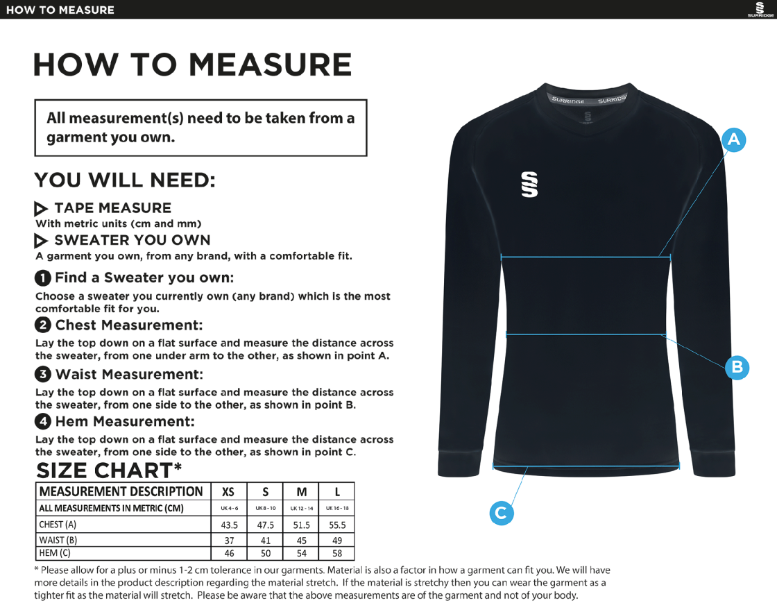 Didsbury Cricket Club - T20 Long Sleeve Playing Sweater - Women's Fit - Size Guide