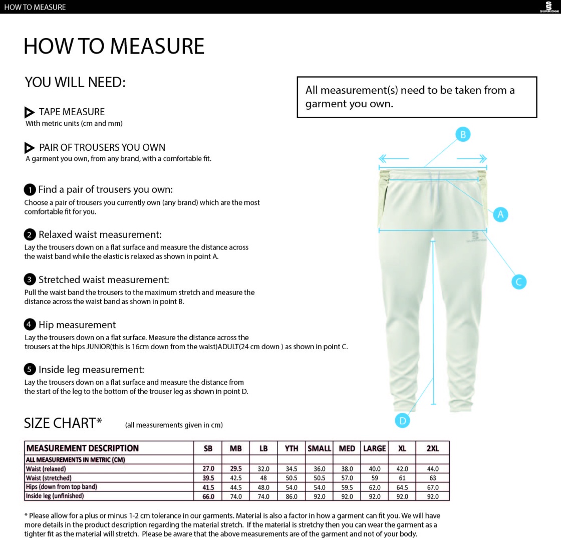 Didsbury Cricket Club - Tek Playing Pants - Size Guide