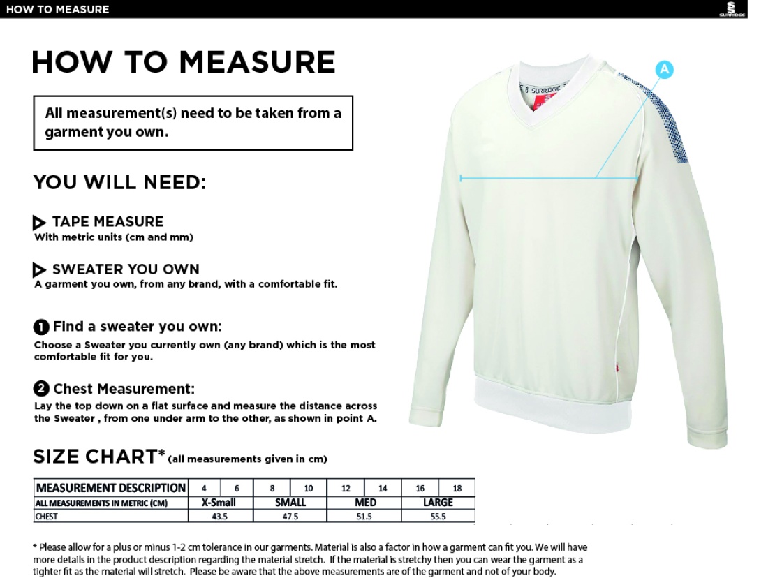 Didsbury CC Blast Long Sleeve Women's Cricket Sweater - Size Guide