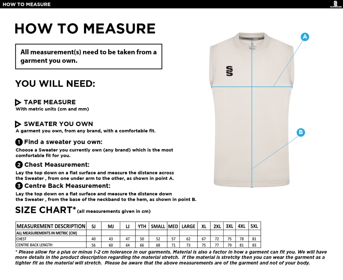 Didsbury Cricket Club - T20 Sleeveless Playing Sweater - Unisex Fit - Size Guide
