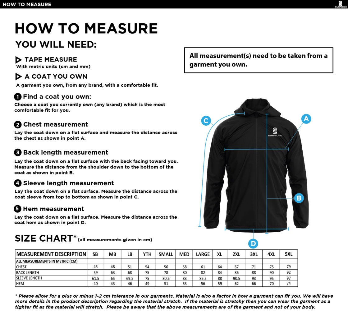 Didsbury Cricket Club - Training Jacket - Size Guide