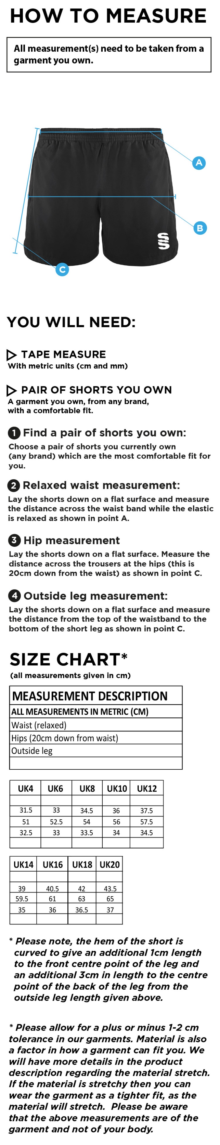 Didsbury Cricket Club - Performance Gym Short - Women's Fit - Size Guide