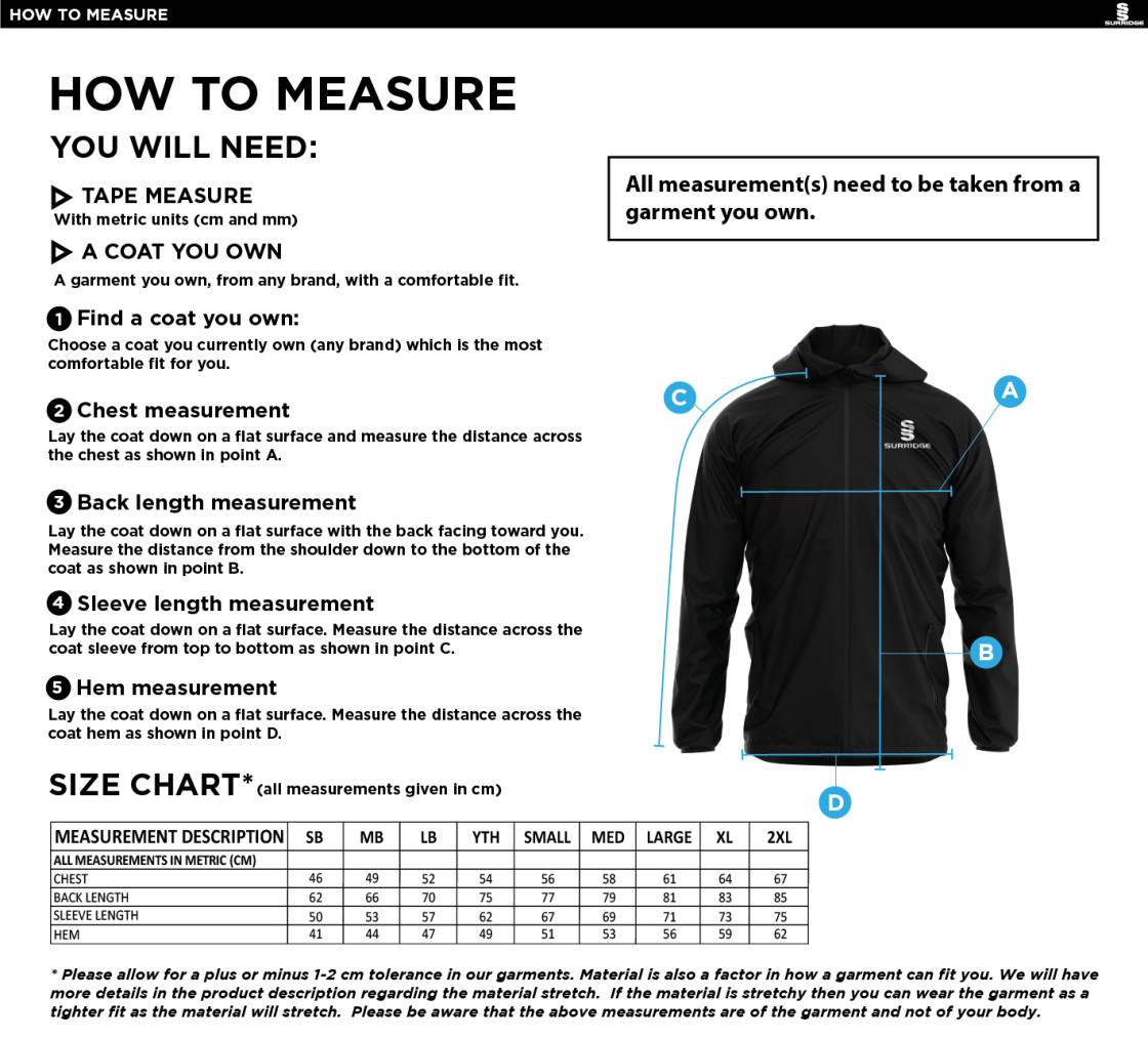 Didsbury Cricket Club - Training Jacket - Size Guide