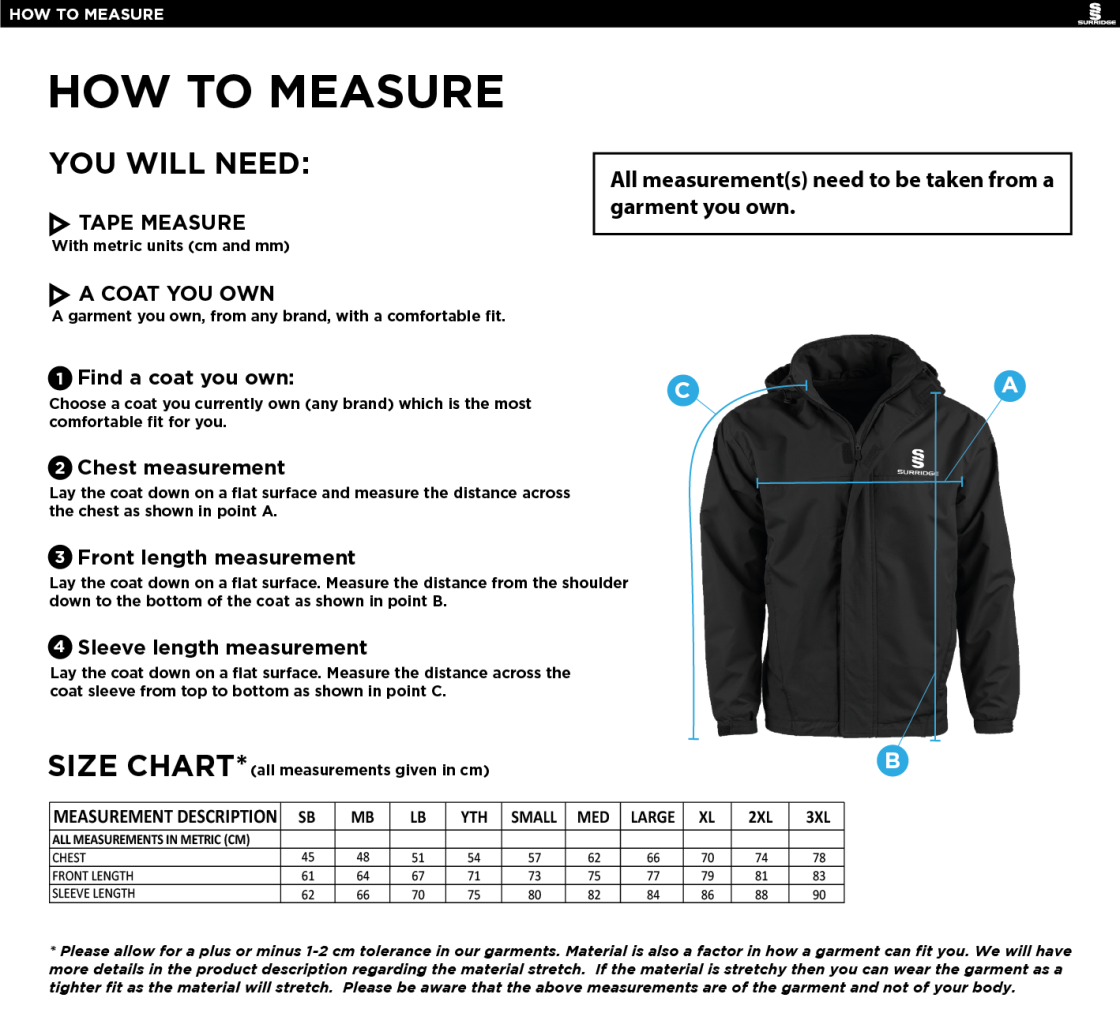 Didsbury Cricket Club - Fleeced Lined Jacket - Size Guide