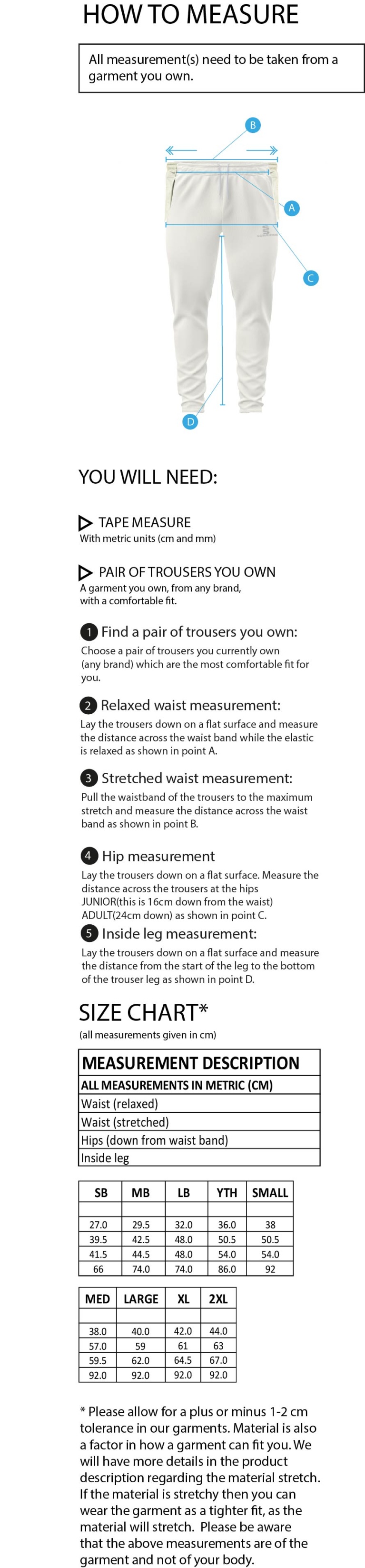 Didsbury Cricket Club - Tek Playing Pants - Size Guide