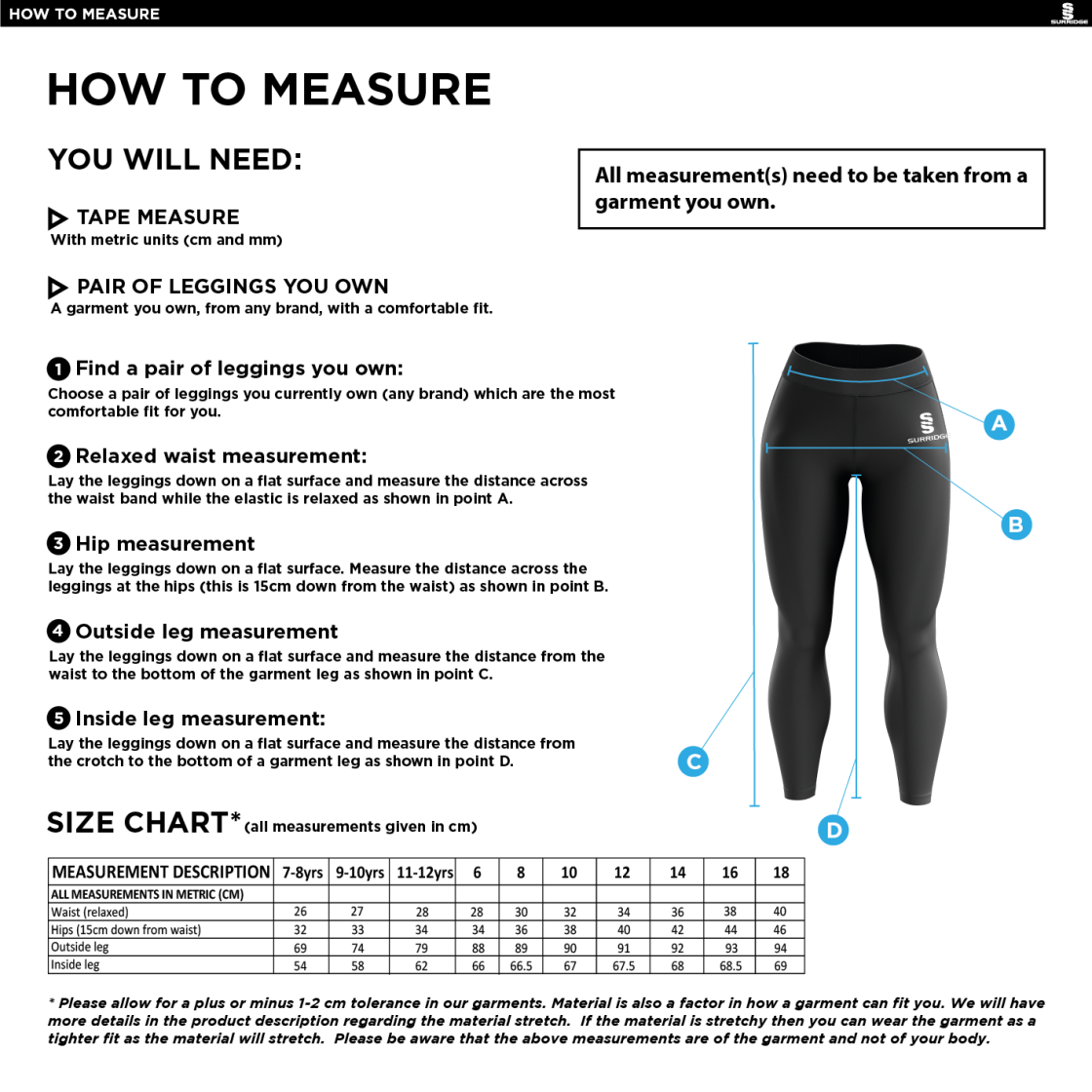 Didsbury Cricket Club - Performance Full Length Leggings - Women's Fit - Size Guide