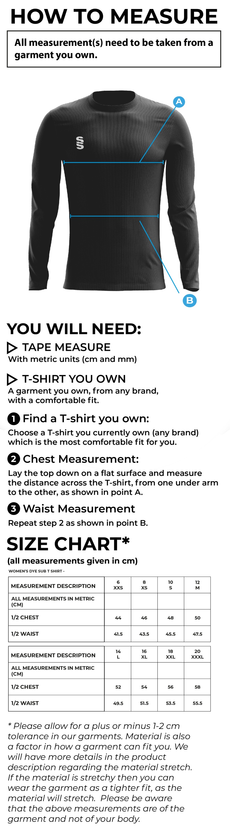 Didsbury Cricket Club - T20 Long Sleeve Playing Shirt - Women's Fit - Size Guide